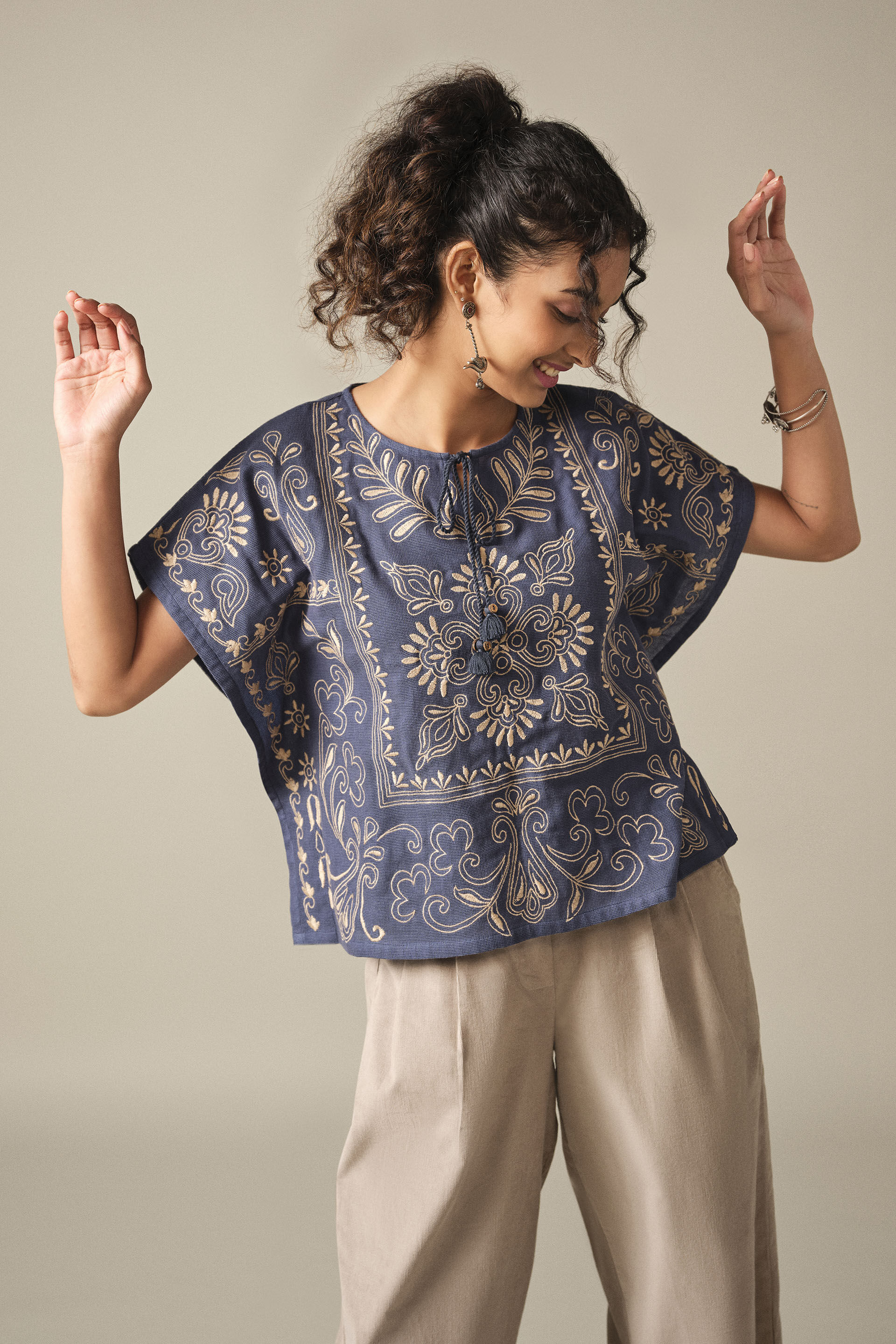 Embroidered Boxy Cotton Top in Indigo, Indigo, image 2